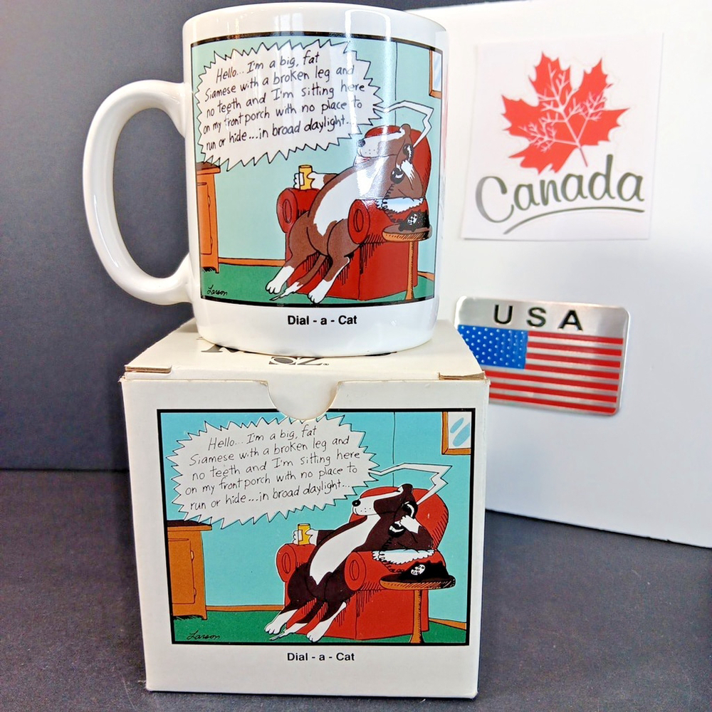 BOXED 1988 Vintage The Far Side Funny Ceramic Coffee Mug Dial a Cat Gary Larson